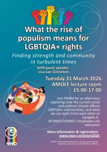 Op dinsdag 31 maart 2026 organiseert PRISM een evenement over hoe het huidige sociale en politieke klimaat LHBTQIA+ gemeenschappen beïnvloedt en wat we van elkaar kunnen leren om hiermee om te gaan. Met gastspreker Lisa van Ginneken (zie bio hieronder) en onder leiding van moderator Pravini Baboeram.