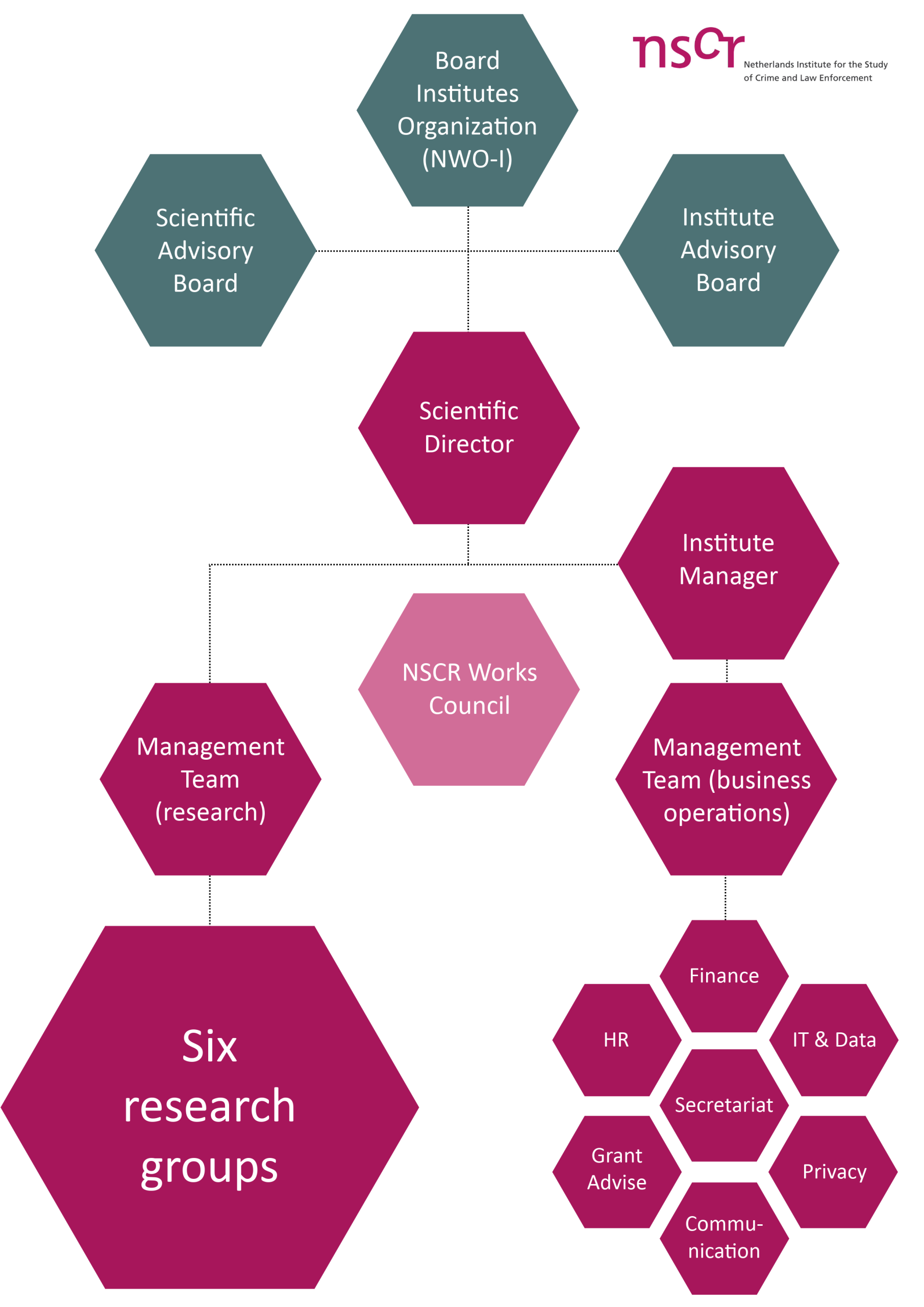 The NSCR consists of six research groups and seven administrative departments (Finance, IT & Data, HR, Secretariat, Privacy, Grant Advisor, and Communications). Above the research groups is the Research Management Team. Above that is the Scientific Director. Above the seven administrative departments is the Administrative Management Team, with the Institute Manager above that, and the Scientific Director above that. The NSCR also has a works council. Above the Scientific Director is the Board of the Institute Organization (NWO-I). The Scientific Advisory Committee and the Institute Advisory Board are positioned on either side of the Board of the Institute Organization (NWO-I) and the Scientific Director. 